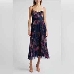 Lulus Pleated Bustier Navy Floral Sweetheart Neck Midi Cocktail Dress Size XS
